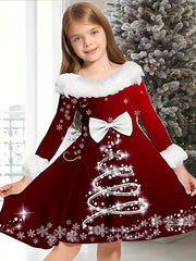 Girls Bow Christmas Tree Graphic Long Sleeve Dress