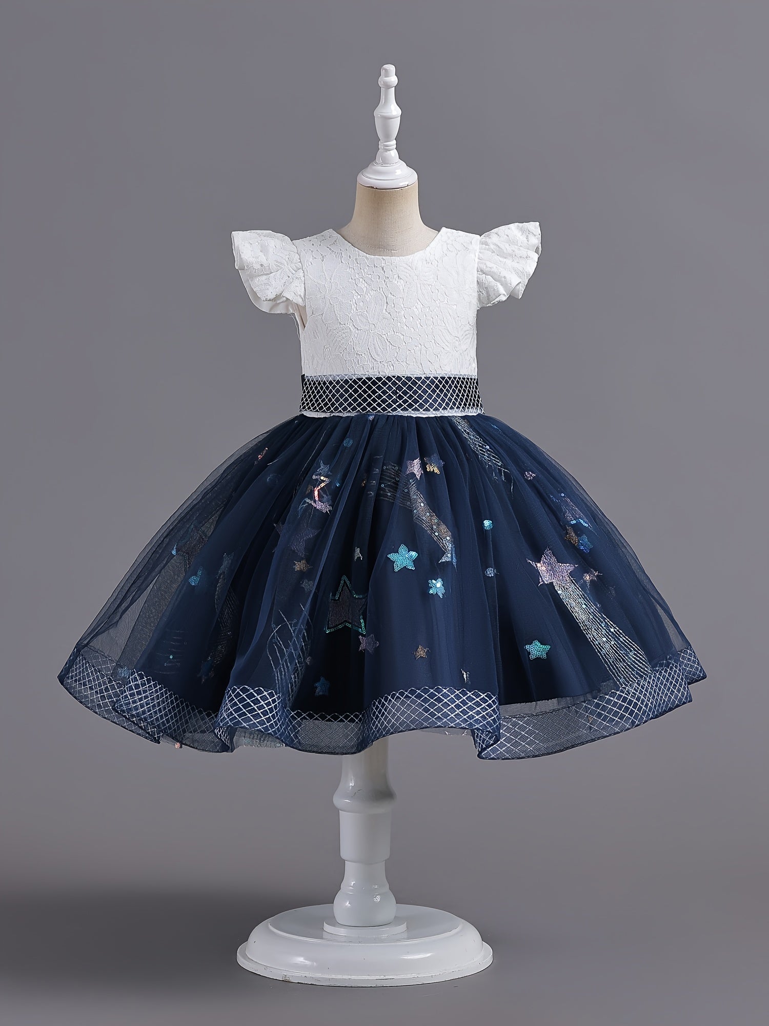 Girls Embroidered Mesh Princess Dress Fly Sleeve Tutu Skirt