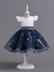 Girls Embroidered Mesh Princess Dress Fly Sleeve Tutu Skirt
