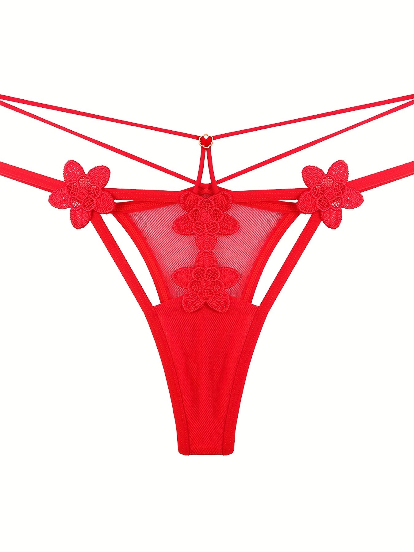 Floral Embroidery Thongs Double Ribbon Mesh Panties