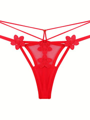 Floral Embroidery Thongs Double Ribbon Mesh Panties