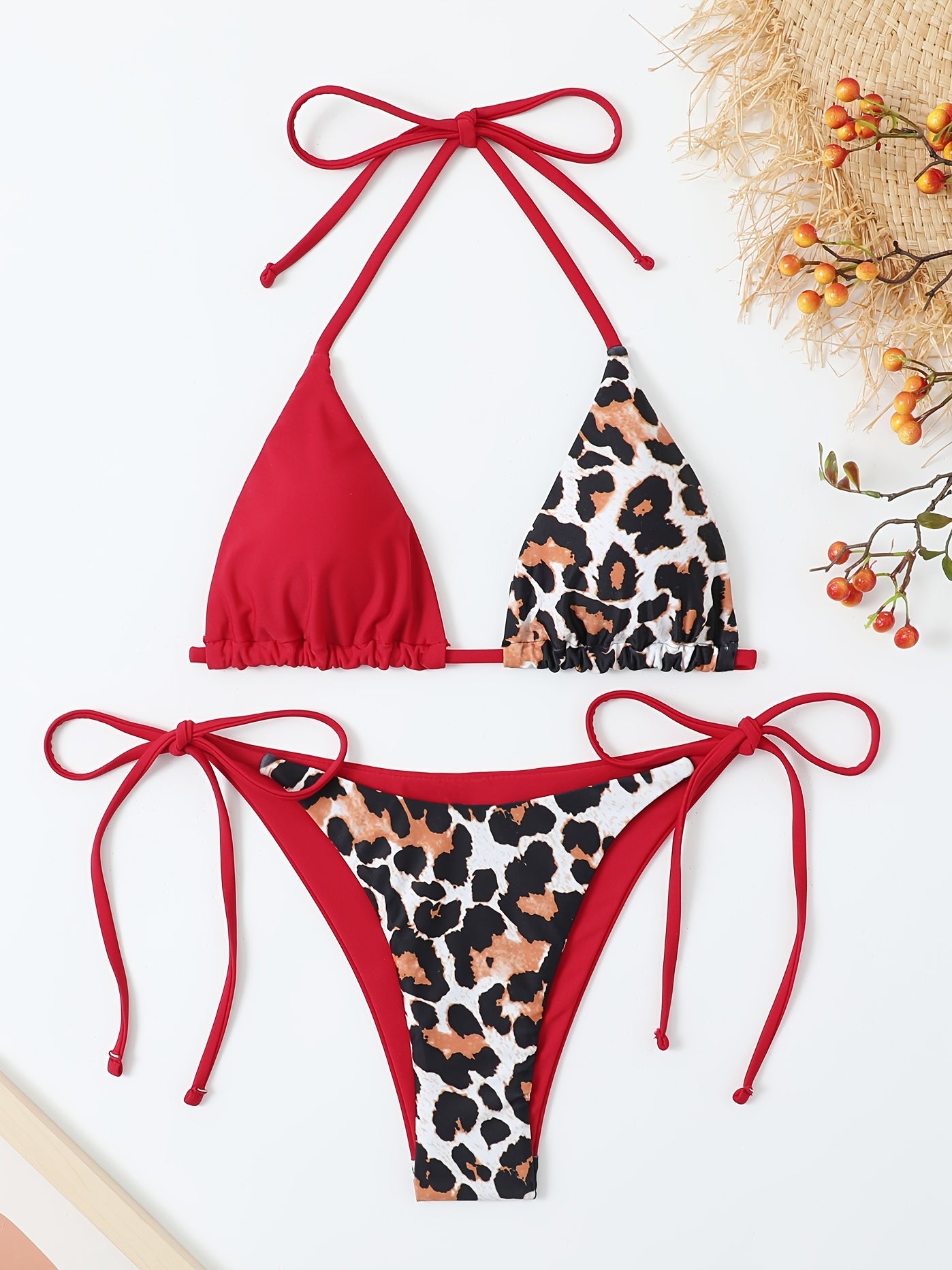 Leopard & Plain Triangle Halter Neck Two Piece Bikini Set