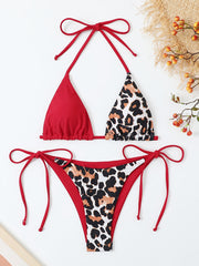 Leopard & Plain Triangle Halter Neck Two Piece Bikini Set