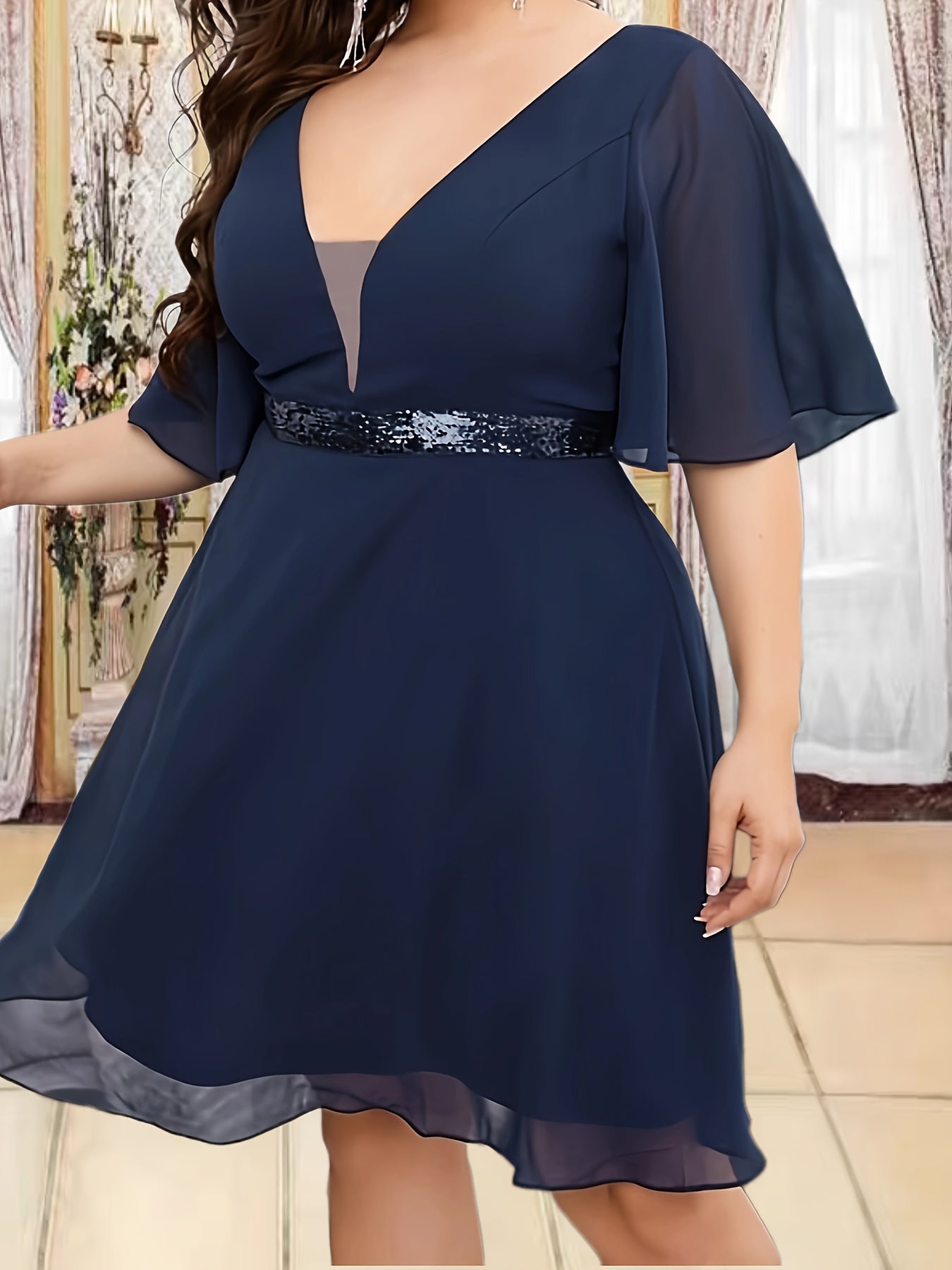 Plus Size Sexy Bridesmaid Dress Women's Plus Sequin Ruffle Sleeve