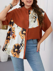 Colorblock Floral Print Button Up Blouse