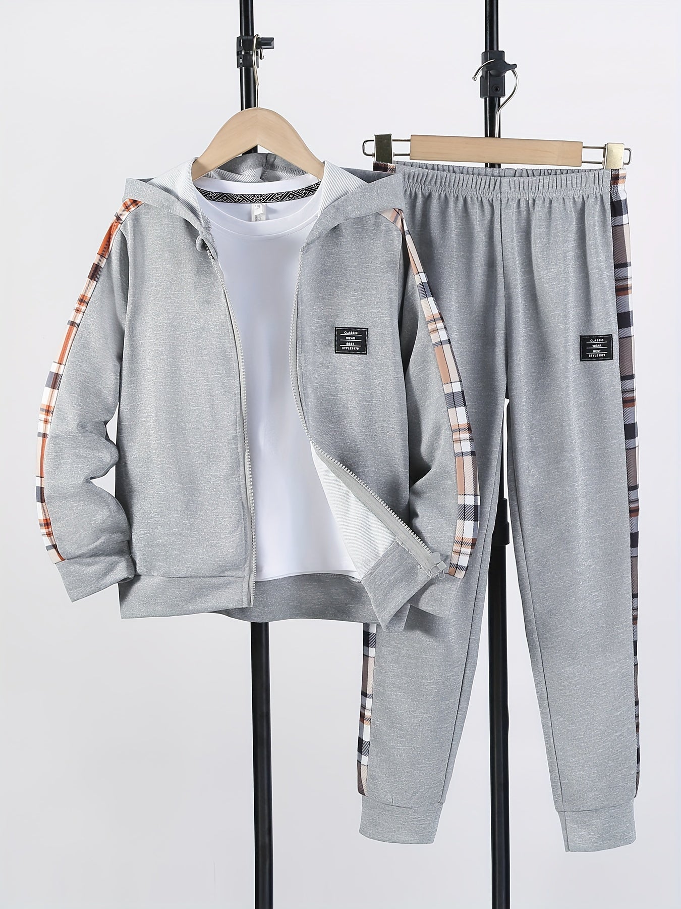 Boy's Stylish Hooded Jacket & Pants Set Zip Up Plaid Patched Outfits
