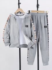 Boy's Stylish Hooded Jacket & Pants Set Zip Up Plaid Patched Outfits