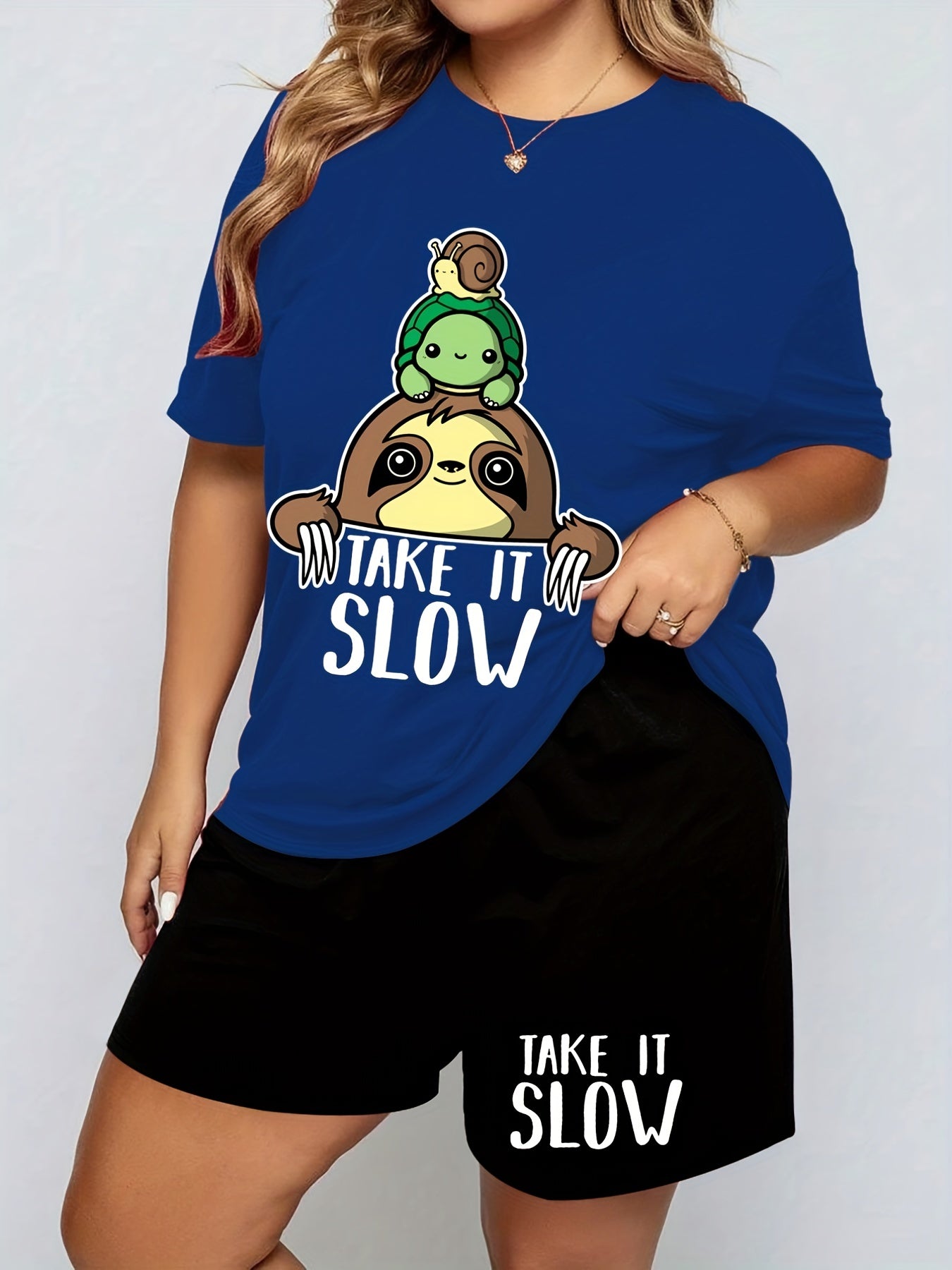 Sloth & Turtle Print Tee & Shorts Pajama Set