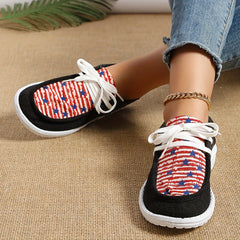 Print Round Toe Flat Lace Up Canvas Shoes