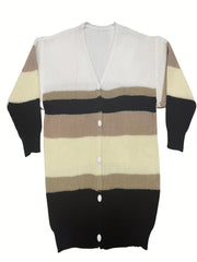Colorblock Button Up V Neck Sweater Coat