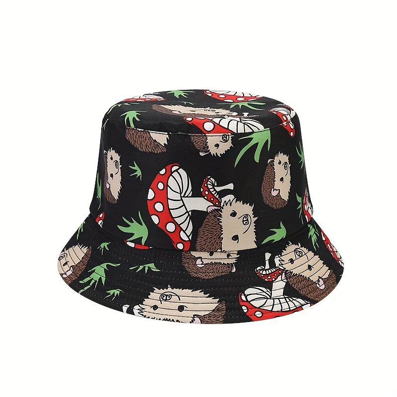 Unisex Sunshade Bucket Hat with Hedgehog Mushroom Print - Double Sided Sun Hat