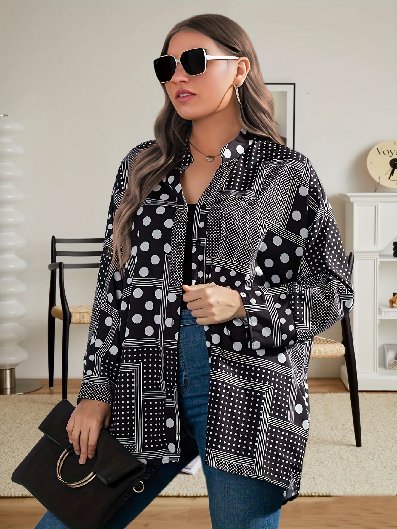 Casual Blouse Women's Plus Patchwork Print Long Sleeve Notched Neck