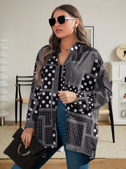 Casual Blouse Women's Plus Patchwork Print Long Sleeve Notched Neck