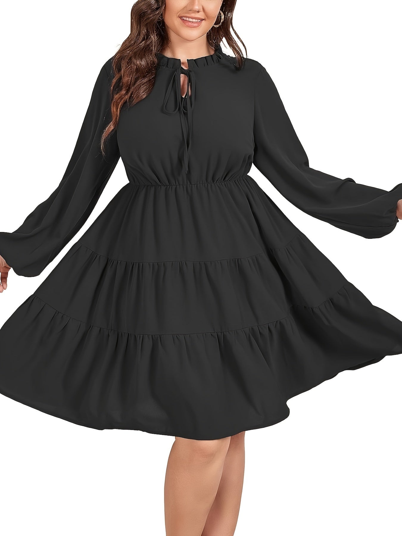 Casual Dress Women's Solid Long Sleeve Round Neck Smock Tie Dress