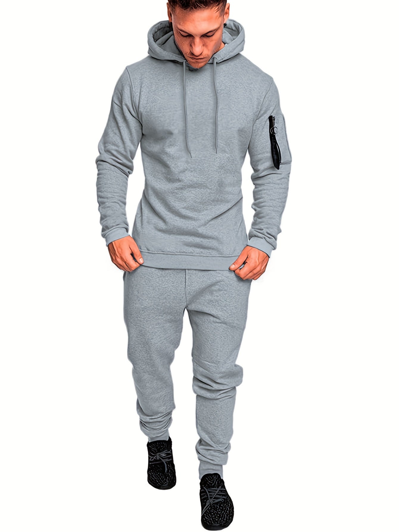 2pcs Men's Running Outfits Hooded Stretch Tops With Pants