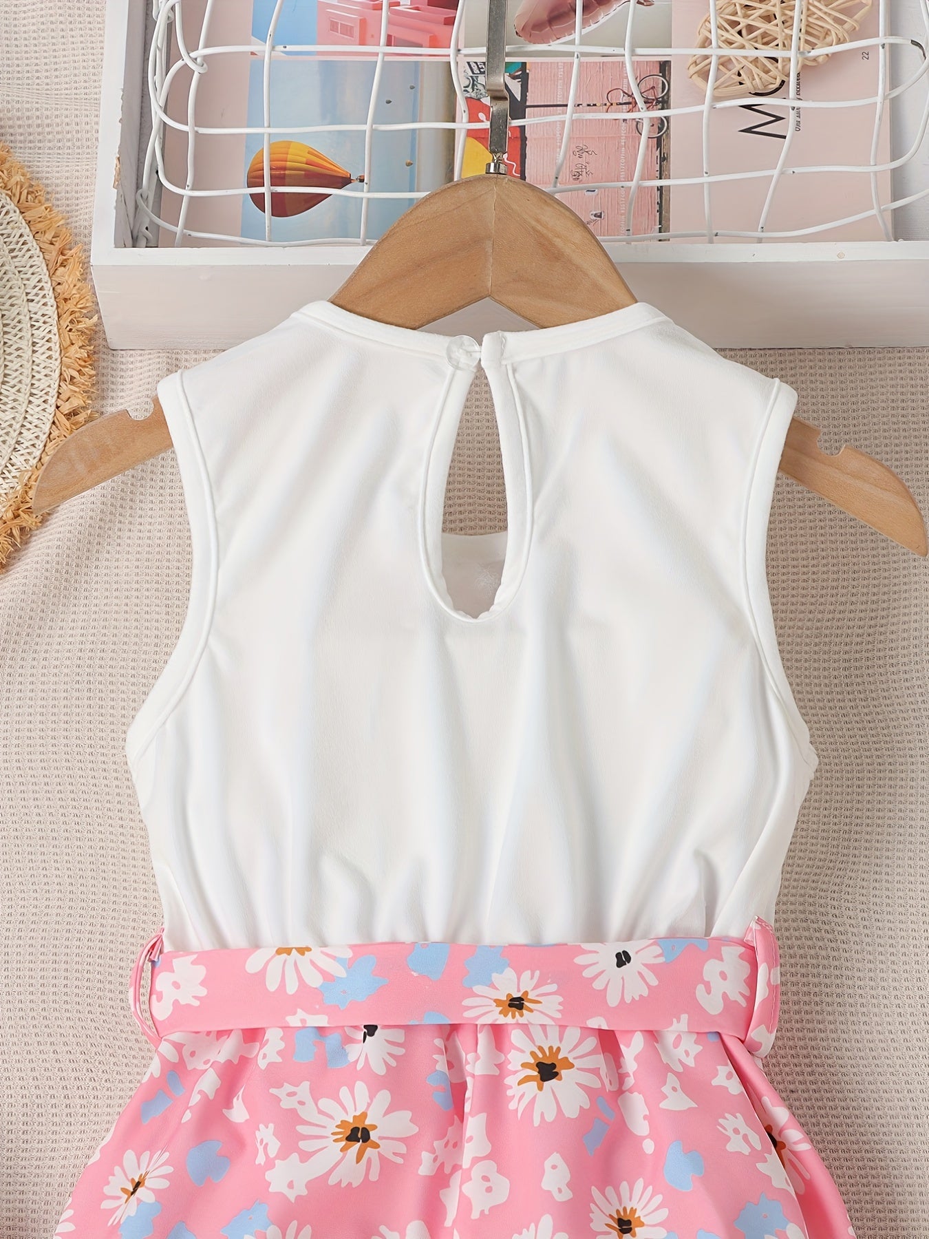Girls Floral Heart Pattern Belted Jumpsuit Kids Casual Summer Outfit