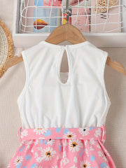 Girls Floral Heart Pattern Belted Jumpsuit Kids Casual Summer Outfit