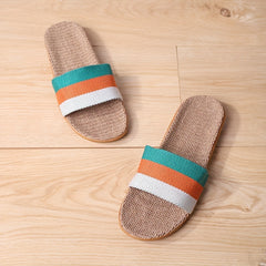 Women's Colorblock Linen Slides Lightweight Open Toe Single Band Slip On Shoes