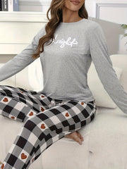 Letter Print Lounge Set Crew Neck Top & Heart Plaid Pants