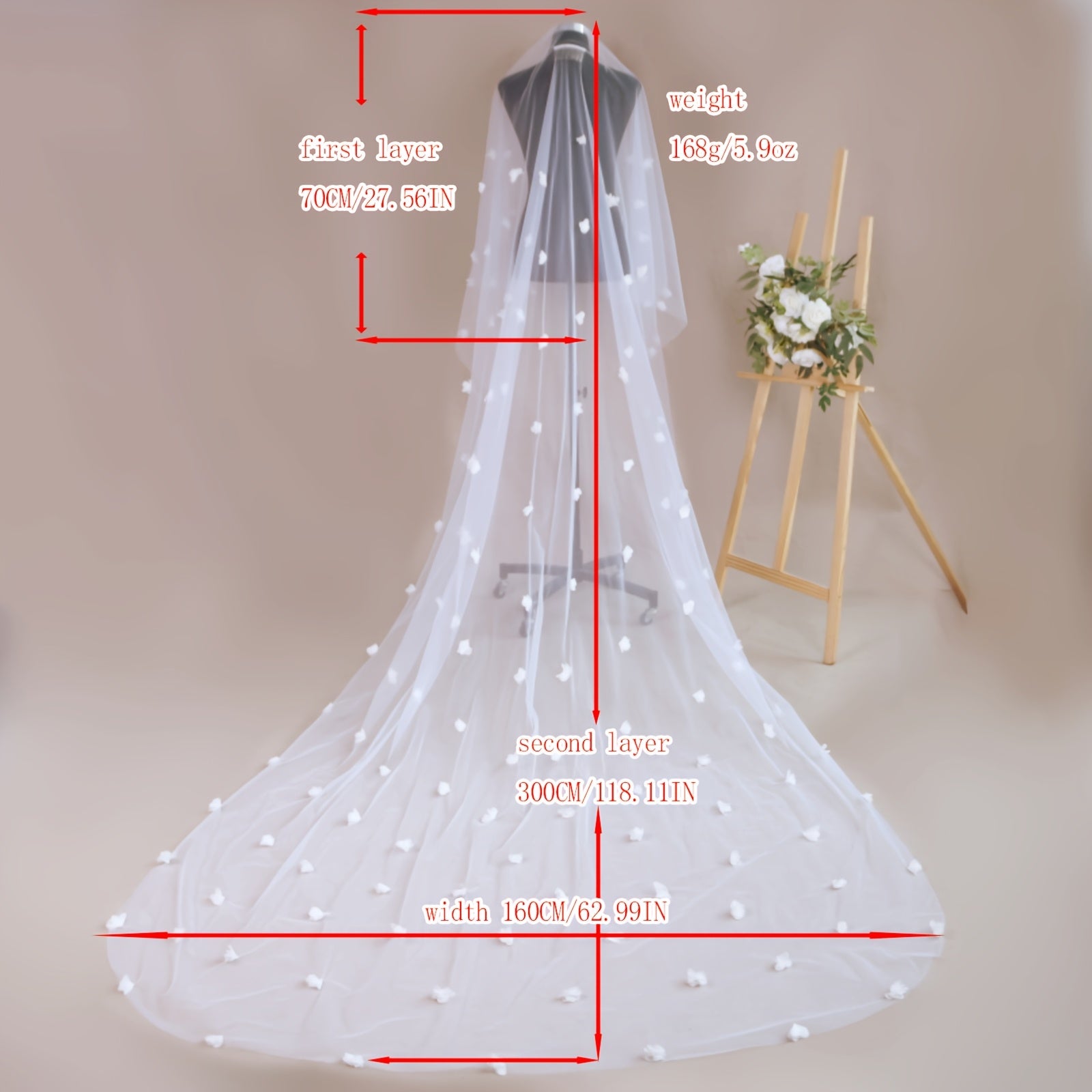 Romantic Floral Bridal Veil with Comb Double Layer Long Train