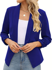 Ruched Solid Blazer Open Front Work Office Outerwear Women's Clothing