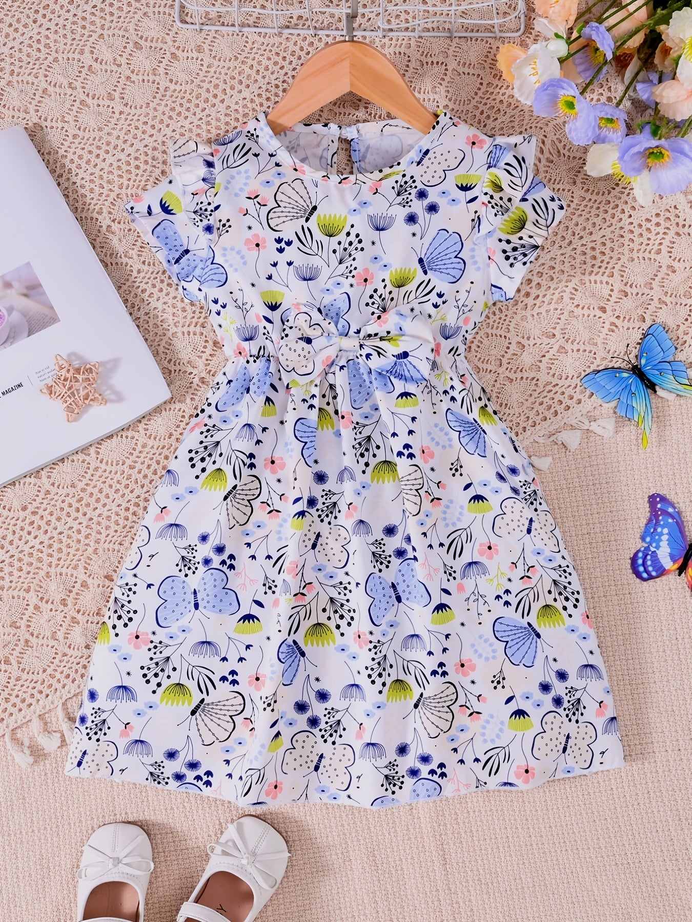 Girls Butterfly Print Ruffles Round Neck Princess Dress