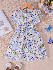 Girls Butterfly Print Ruffles Round Neck Princess Dress