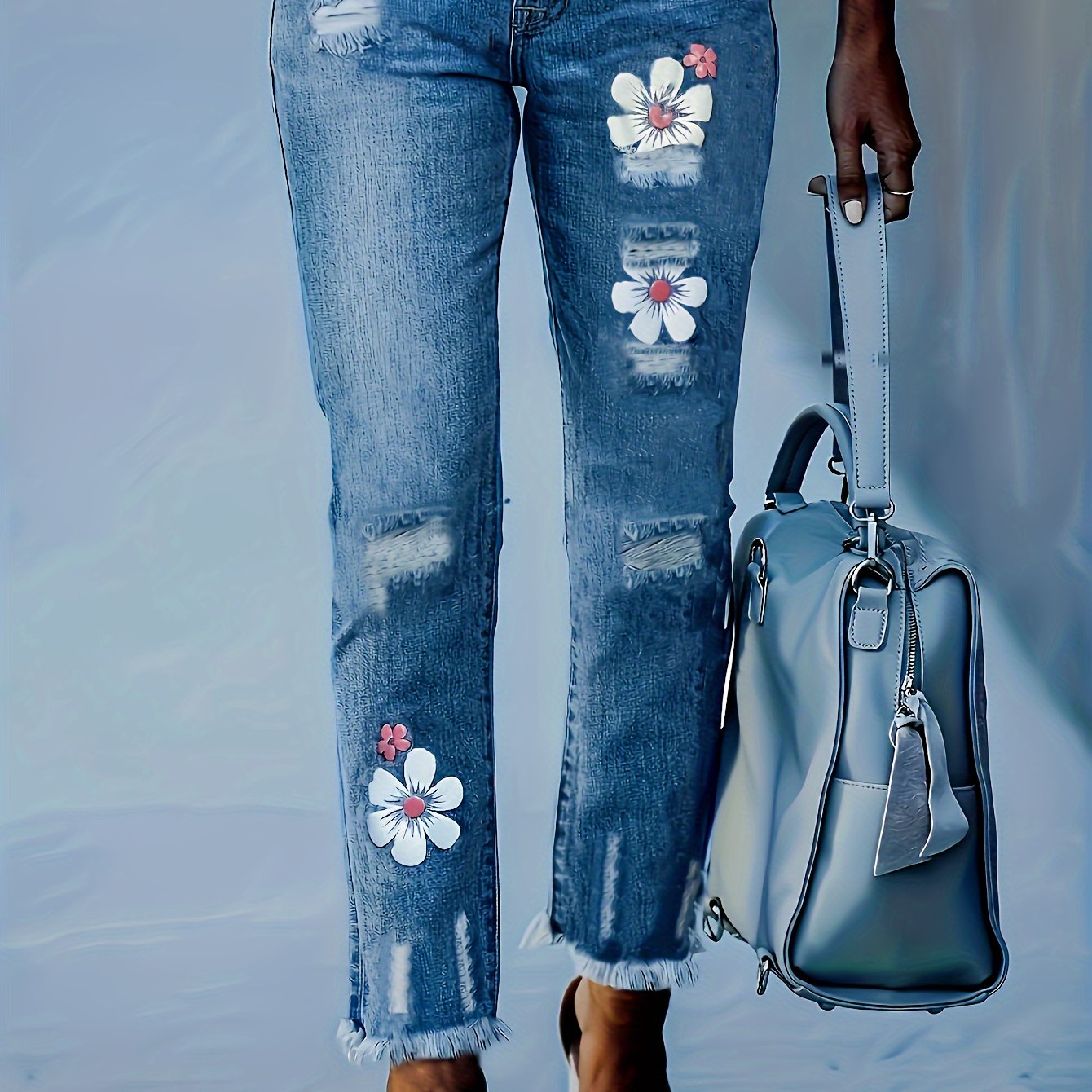 Women's Plus Floral Print Ripped Fringe Trim Jeans