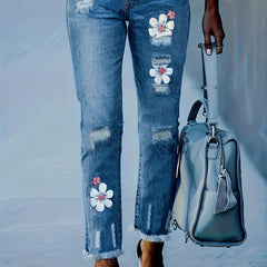 Women's Plus Floral Print Ripped Fringe Trim Jeans