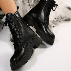 Women's Ankle Combat Boots British Style Round Toe Lace Up Platform Shoes