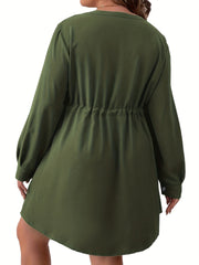 Button Front Long Sleeve Midi Dress Women's Plus