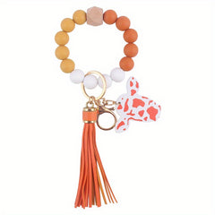 Cow Head Pattern Silicone Beaded Bracelet Keychain Pendant