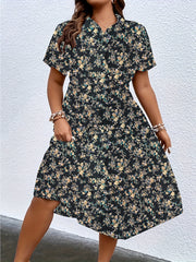 Plus Size Boho Dress Women's Plus Floral Print Short Sleeve Belted Dress