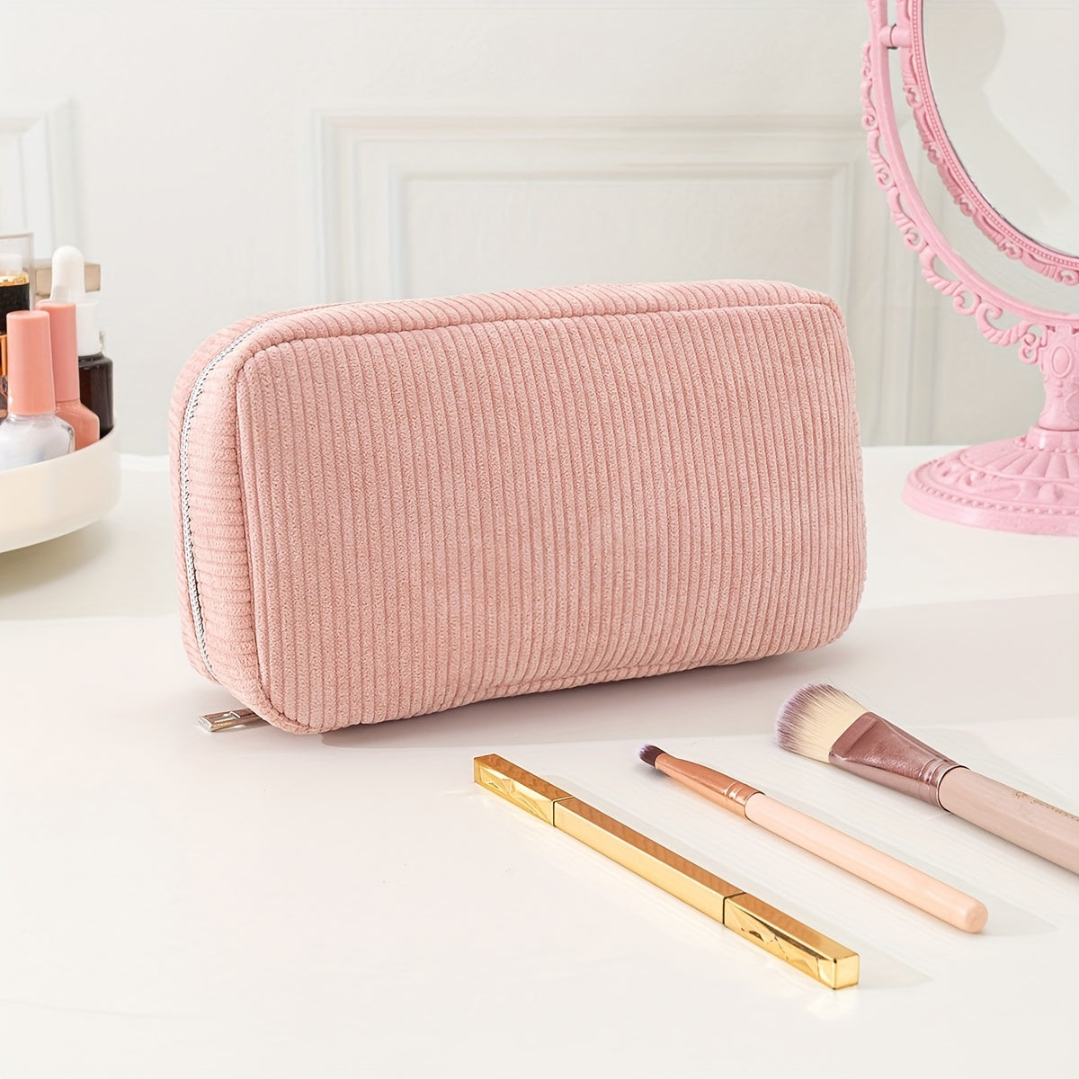 Pink Corduroy Makeup Bag with Silvery Zipper