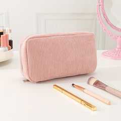 Pink Corduroy Makeup Bag with Silvery Zipper
