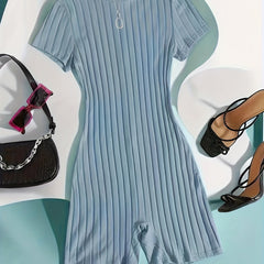 Ribbed Lounge Romper Short Sleeve Zipper Romper Women's Loungewear