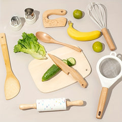 10pcs Wooden Kitchen Play Set with Chef Hat Knives and Play Food