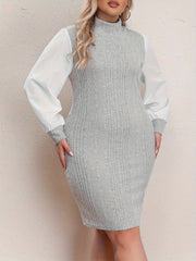 Casual Sweater Dress Women's Plus Colorblock Lantern Sleeve High Neck