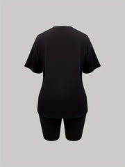 Casual Two-piece Set Crew Neck Short Sleeve Tee & Slim Shorts
