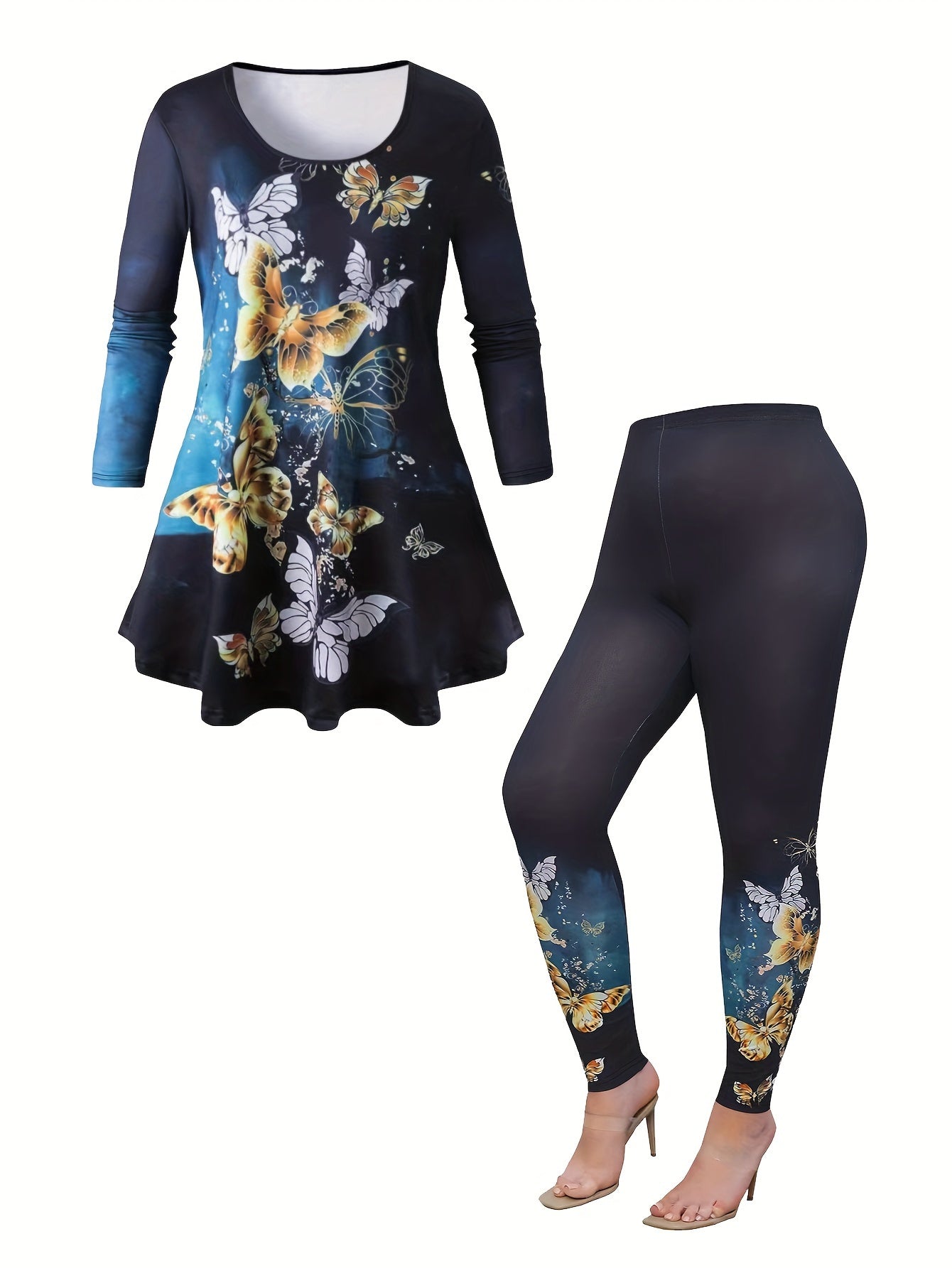 Women's Plus Floral Print Tunic Top & Leggings Outfit Set