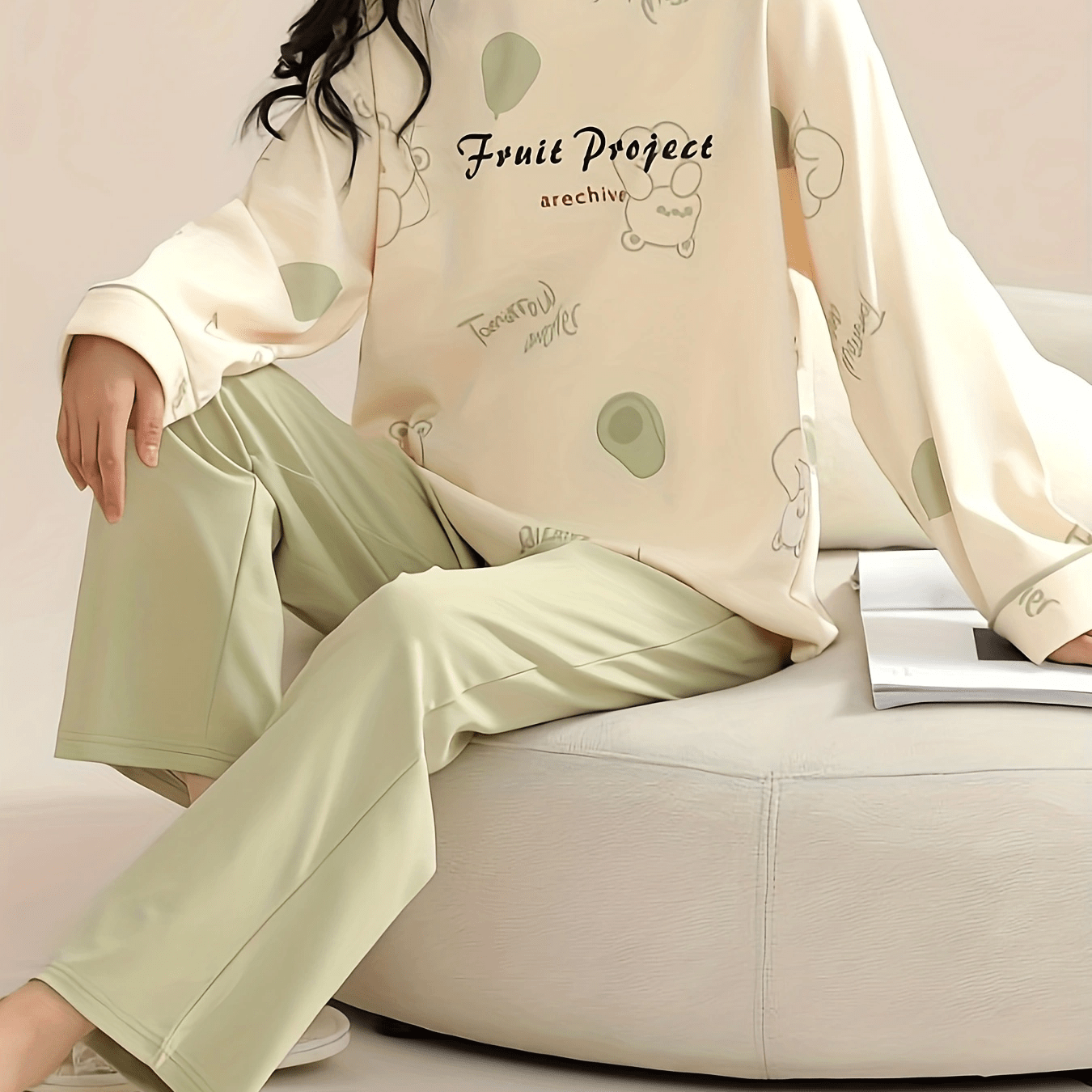 Bear Print Lounge Set Long Sleeve Top & Pants Women's Pajamas