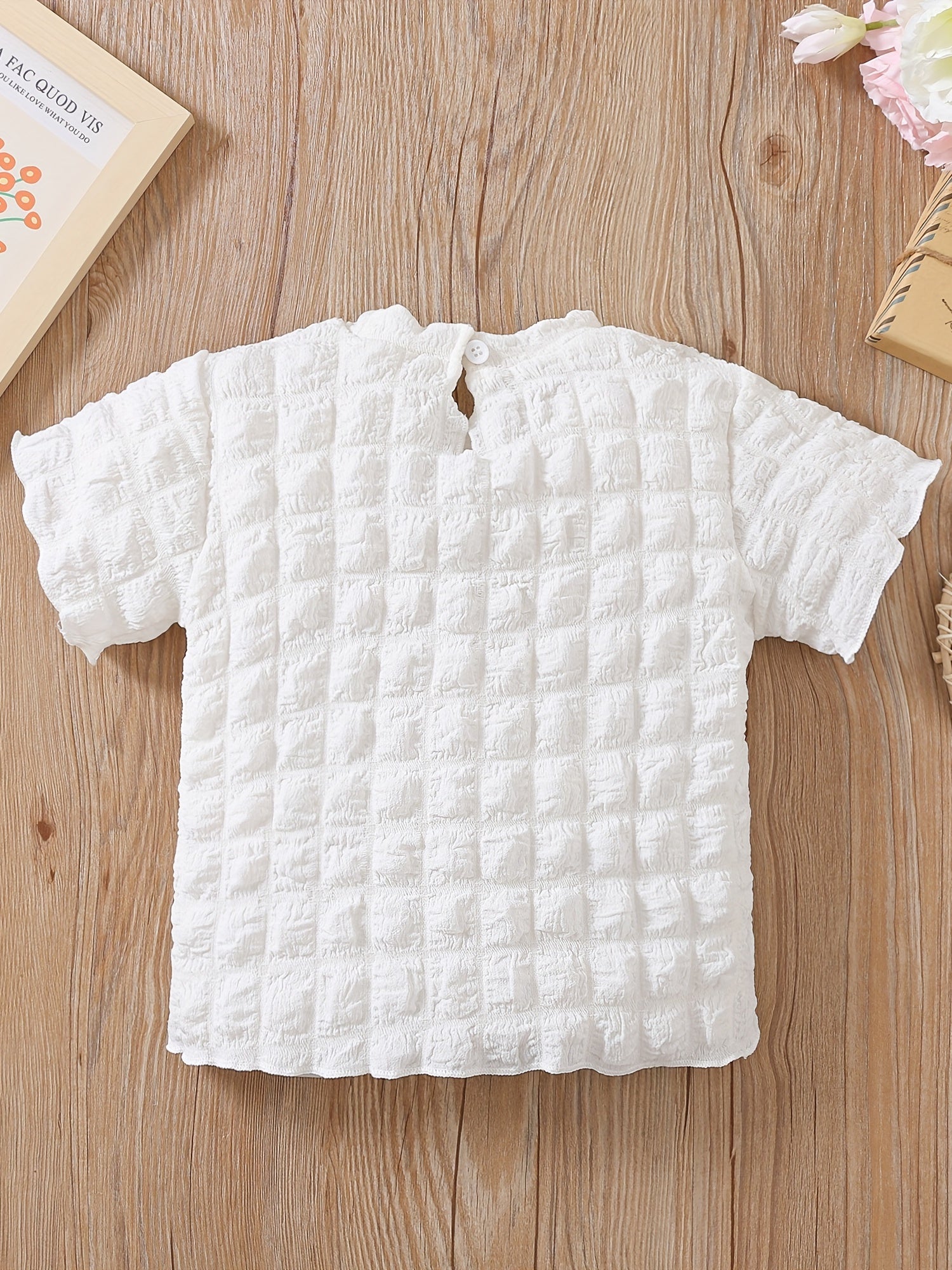 Girls Summer Frilled Trim Puff Blouse Round Neck Short Sleeved T-Shirt