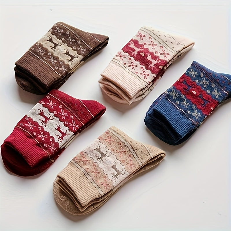 5 Pairs Elk Christmas Crew Length Socks Women's Stockings & Hosiery