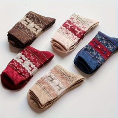 5 Pairs Elk Christmas Crew Length Socks Women's Stockings & Hosiery