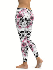 Floral & Skull Print Skinny Leggings Women's Clothing
