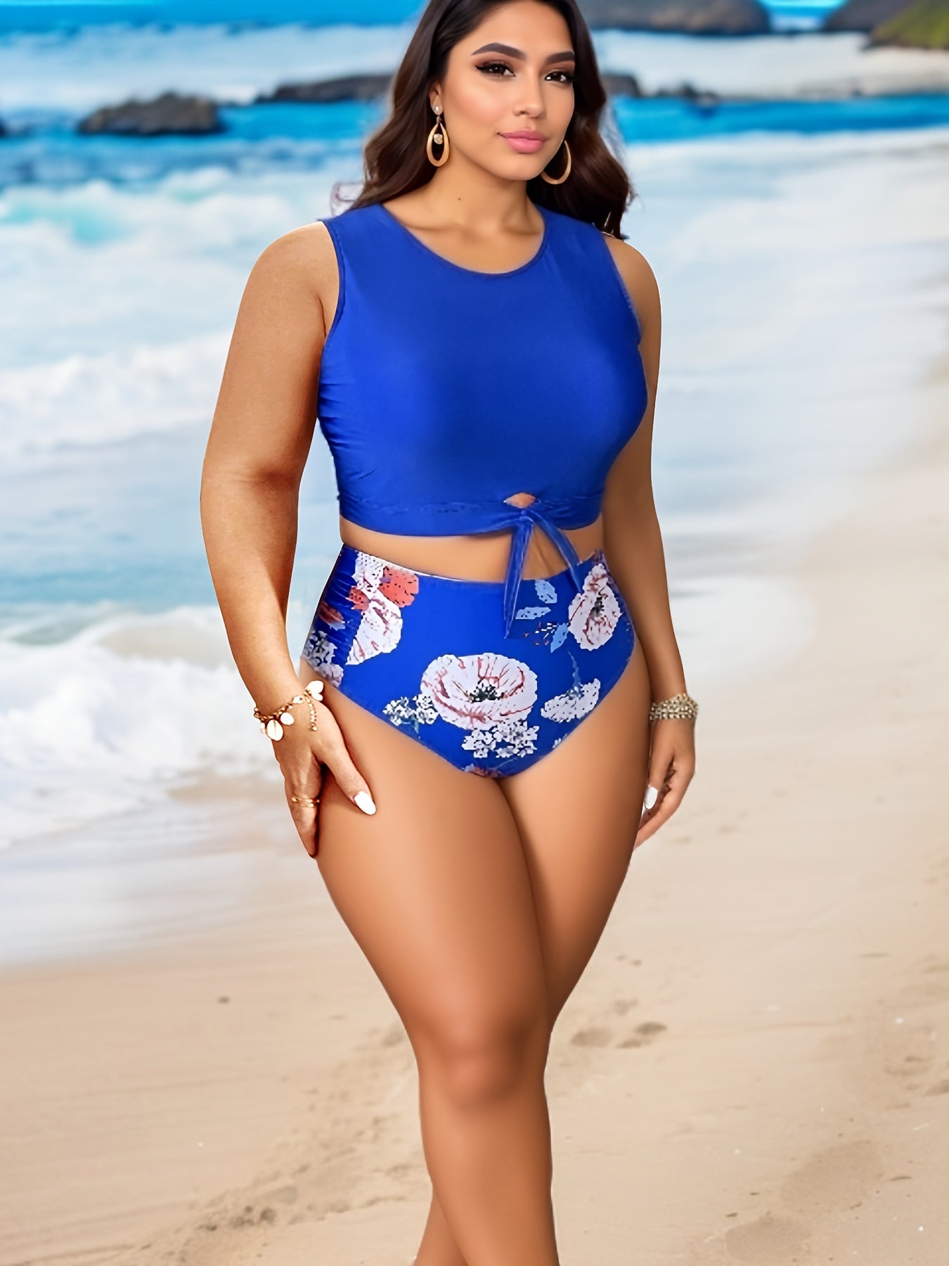 Solid Tie Front Crop Tank Top & Floral Print Panty Swimsuit Set