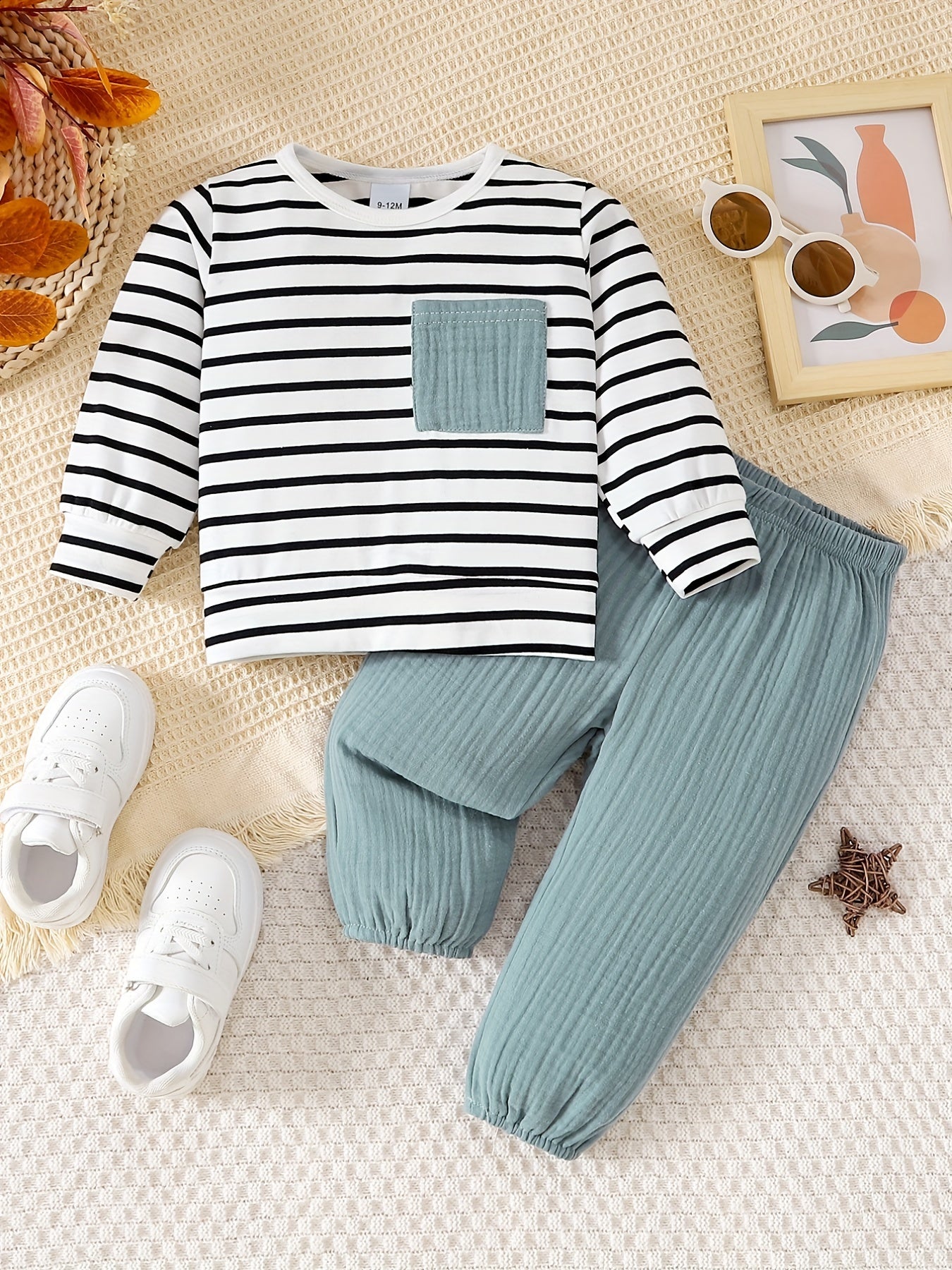 Striped Long Sleeve Top Solid Pants Set