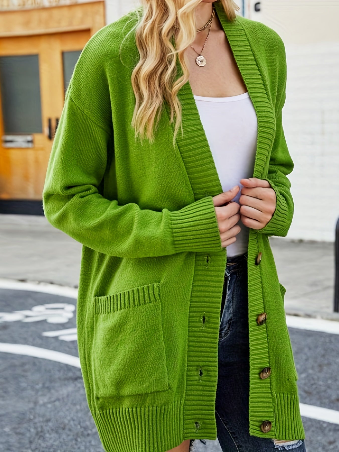 Solid Button Up Long Sleeve Cardigan With Pockets