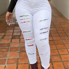 Sexy Jeans Women's Plus Graphic Patched Ripped Button Fly Skinny High