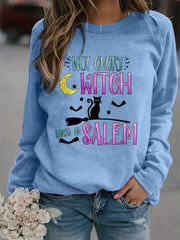 Halloween Witch Print Loose Sweatshirt Casual Long Sleeve Crew Neck